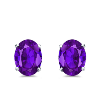 Art Deco Oval Wedding Bridal Solitaire Stud Earrings Simulated Amethyst CZ 925 Sterling Silver-8mmx6mm